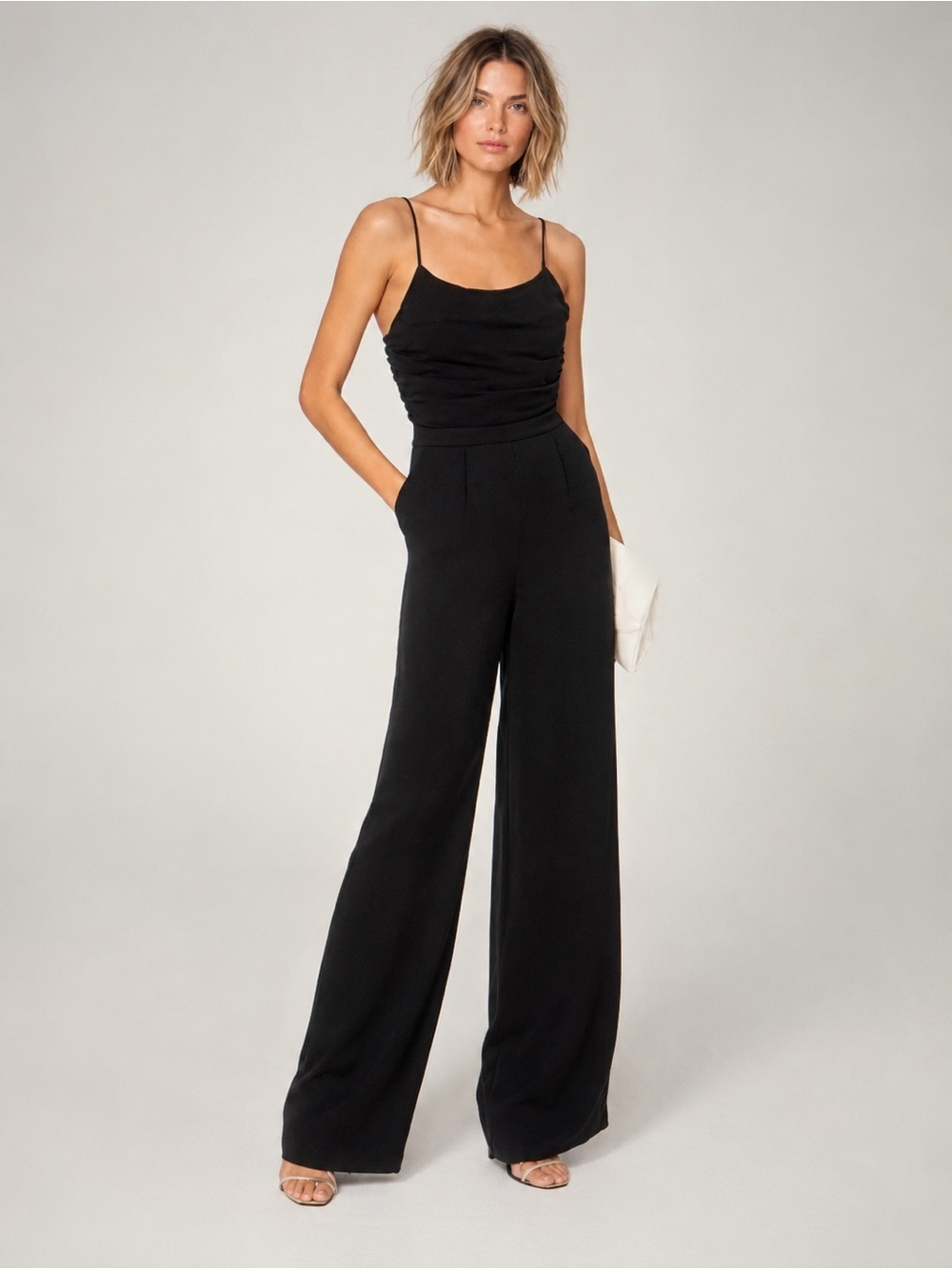 Ramy Brook Ezra Satin Jumpsuit Black Cocktail Wide Straight Leg Size 4 Small